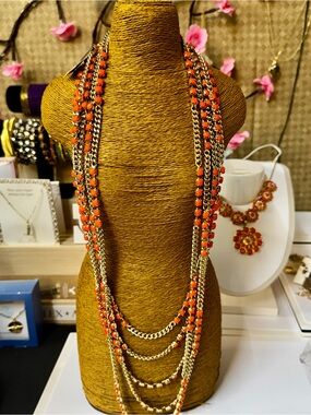 Gold-Tone Multi-Strand Necklace with Orange Beads